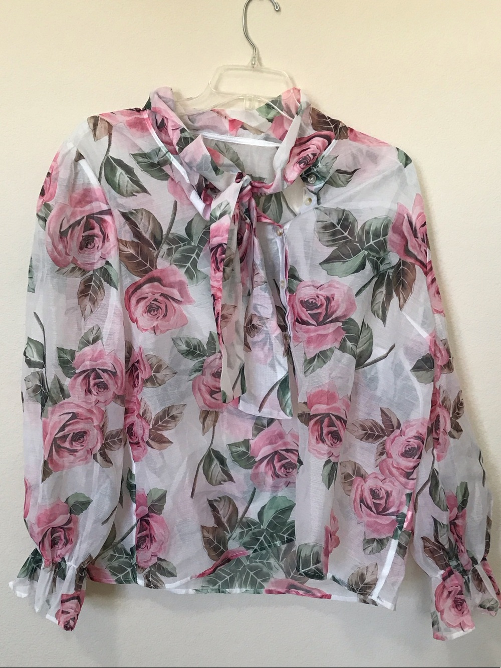SHEIN White Sheer Blouse with Pink Rose Print and Tie Neck